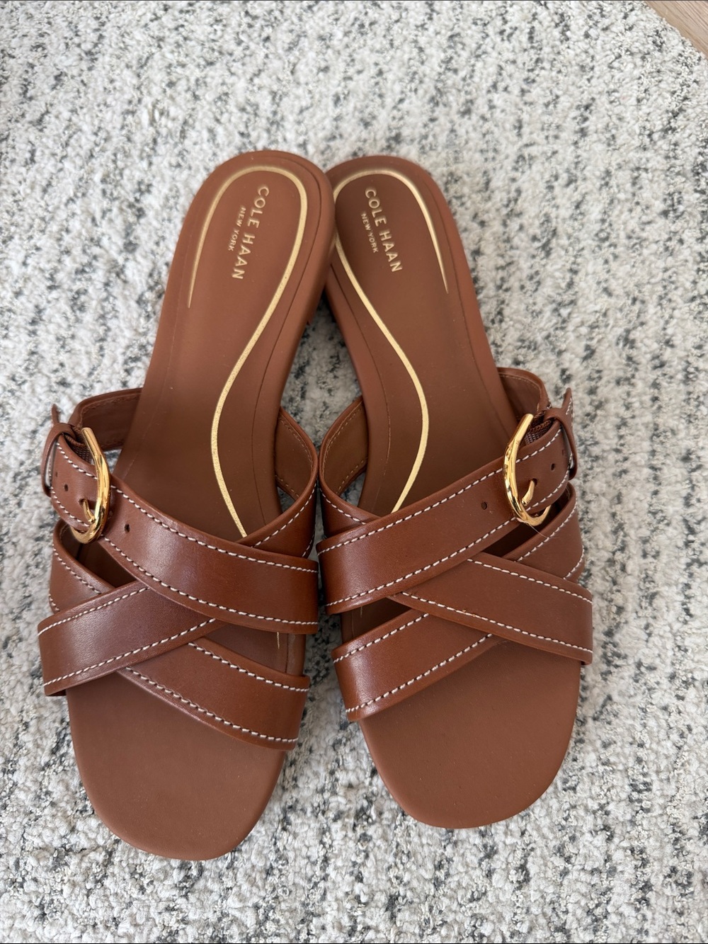 Cole Haan Cognac Brown Leather Cross-Strap Slide Mules with Gold Buckles